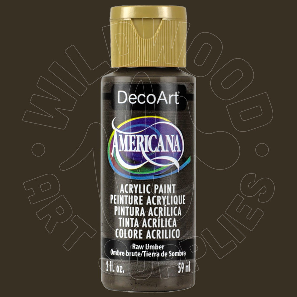 A bottle of DecoArt Americana acrylic paint in the color Raw Umber, featuring a black body, gold cap, and a dark brown background with a faint watermark.