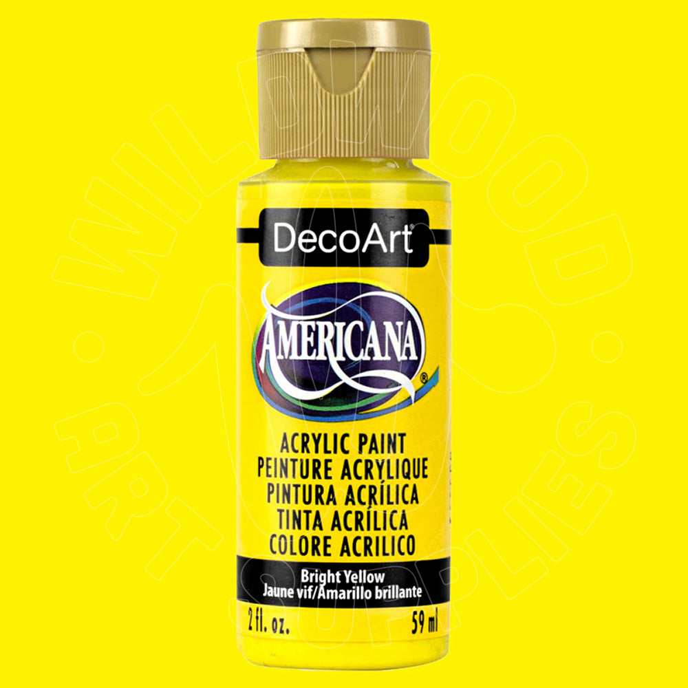 A bottle of DecoArt Americana acrylic paint in the color Bright Yellow, featuring a gold cap and a yellow label, set against a solid bright yellow background.