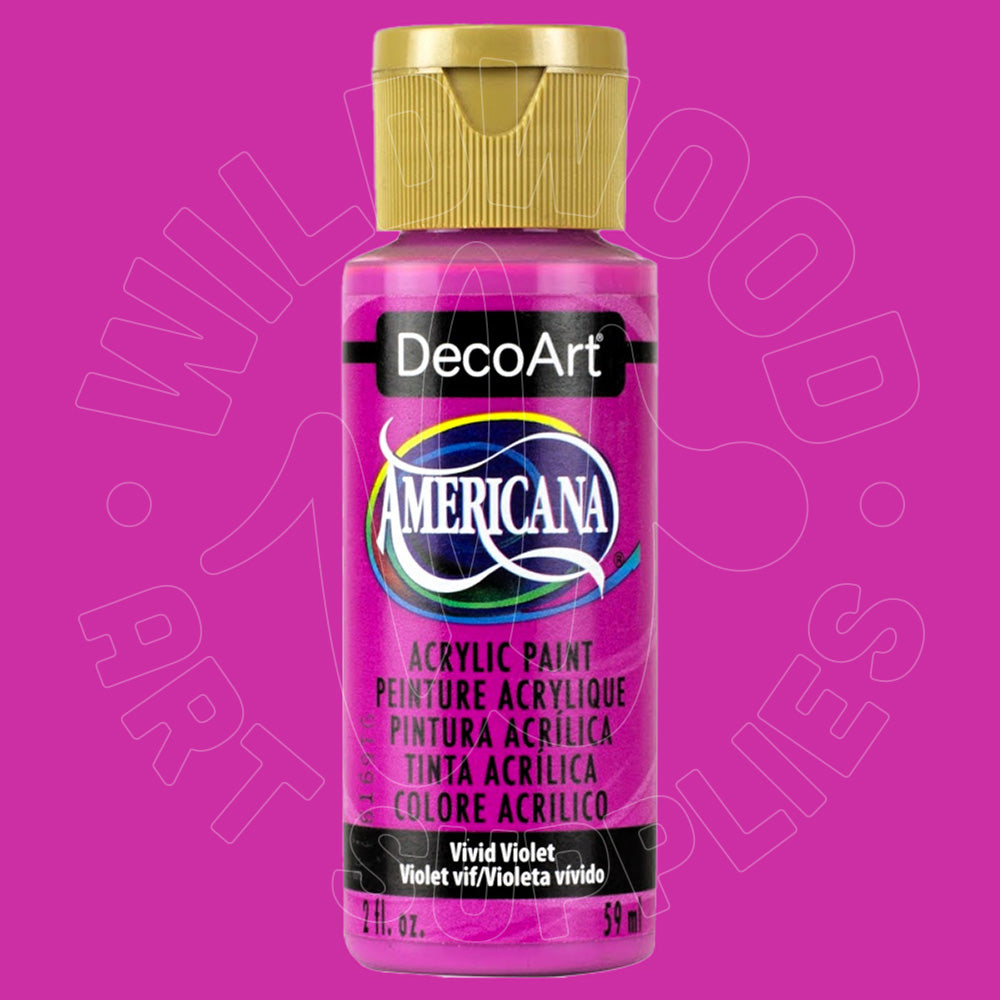 A bottle of DecoArt Americana acrylic paint in the shade Vivid Violet, featuring a gold cap and a bright pink label, set against a solid magenta background.