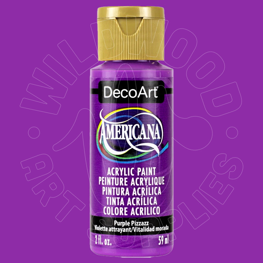 A bottle of DecoArt Americana acrylic paint in the shade Purple Pizzazz, featuring a purple label and a gold cap, set against a solid purple background with a faint watermark.