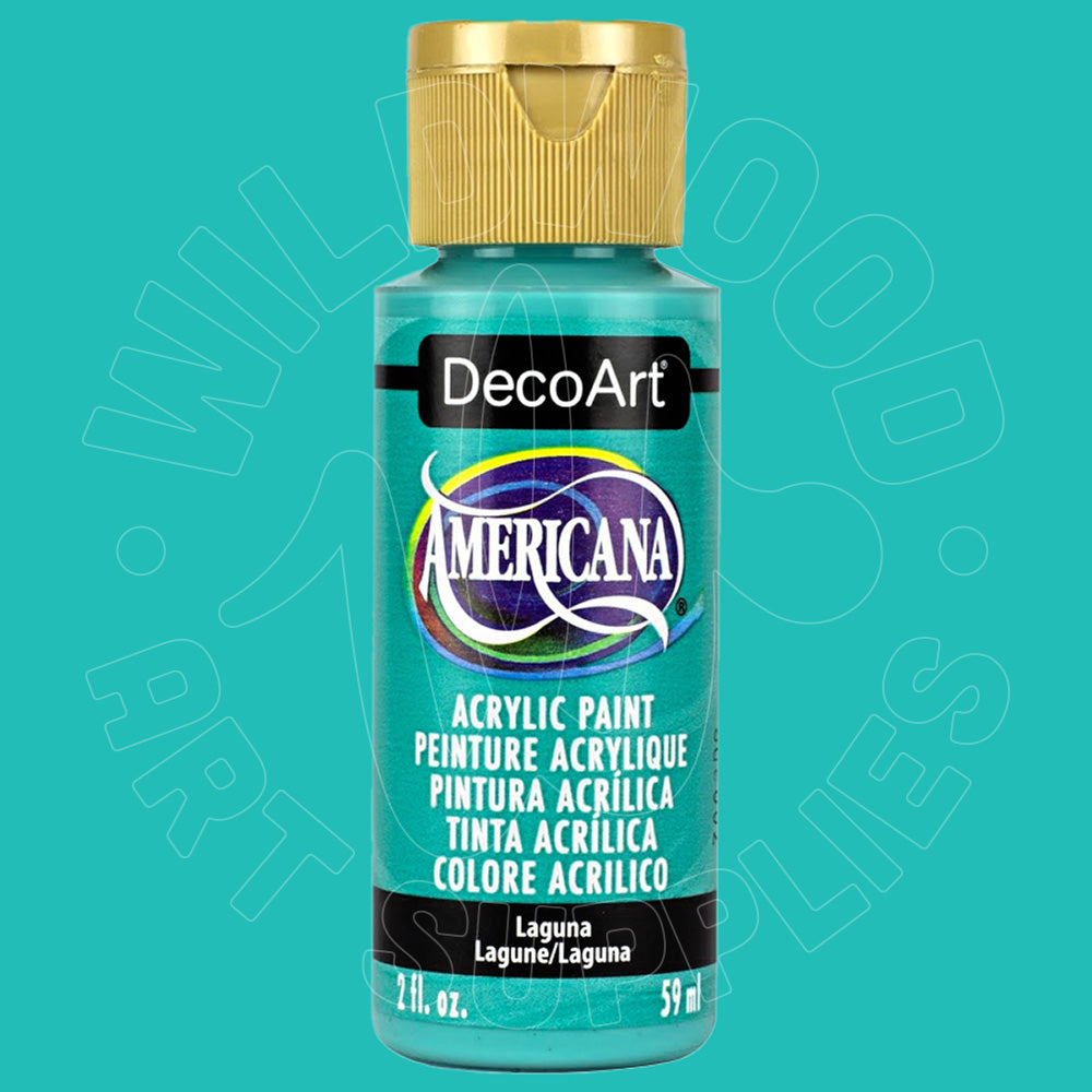 A bottle of DecoArt Americana acrylic paint in the color 'Laguna' (teal), featuring a gold cap and a teal label, set against a solid teal background with a faint watermark.