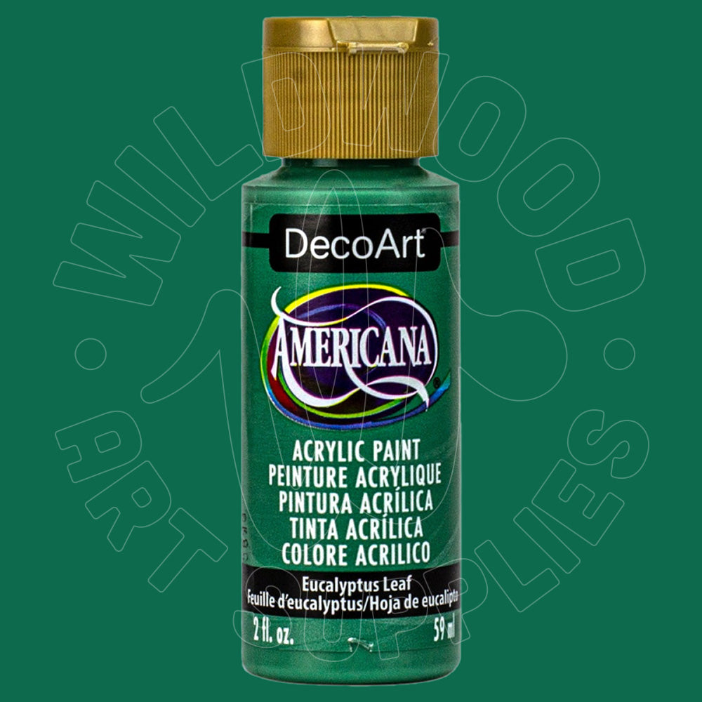 A bottle of DecoArt Americana acrylic paint in the color Eucalyptus Leaf, featuring a metallic green label and a gold cap, set against a solid green background with a faint watermark.