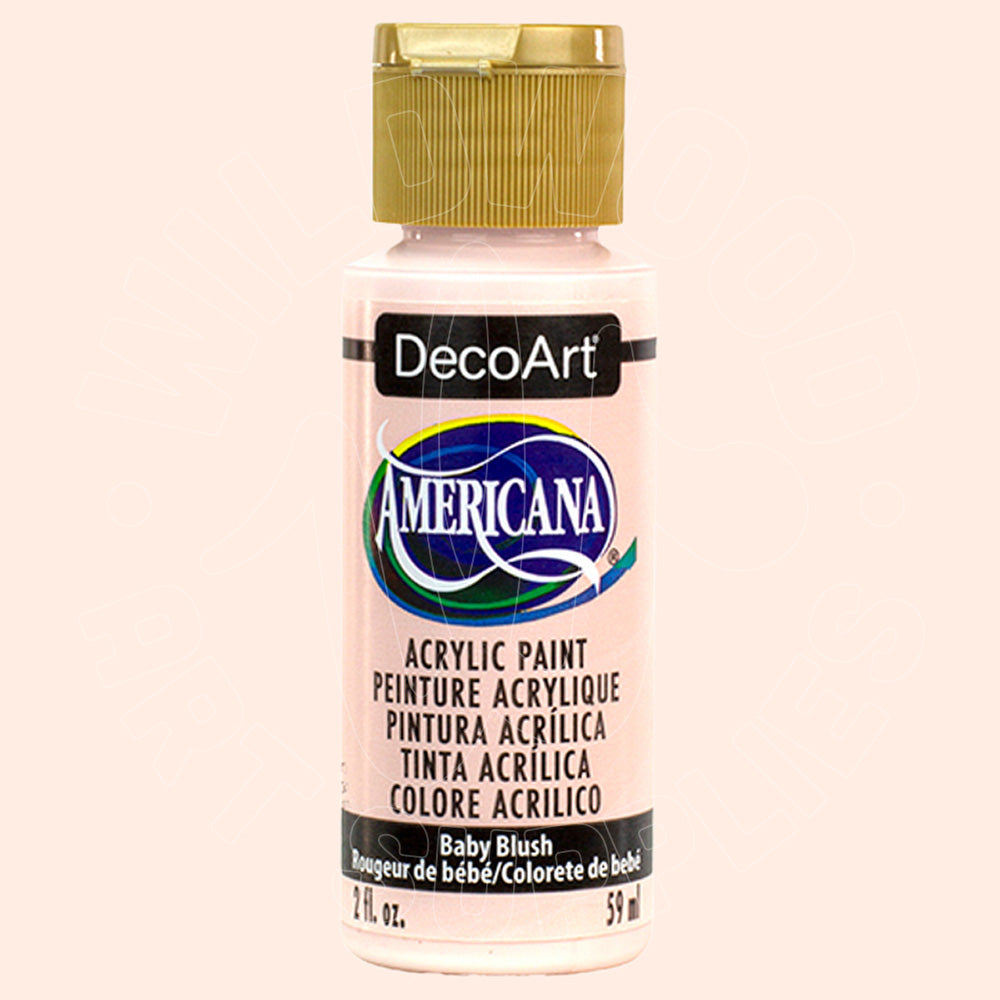 A bottle of DecoArt Americana Baby Blush acrylic paint, 2 fl. oz.