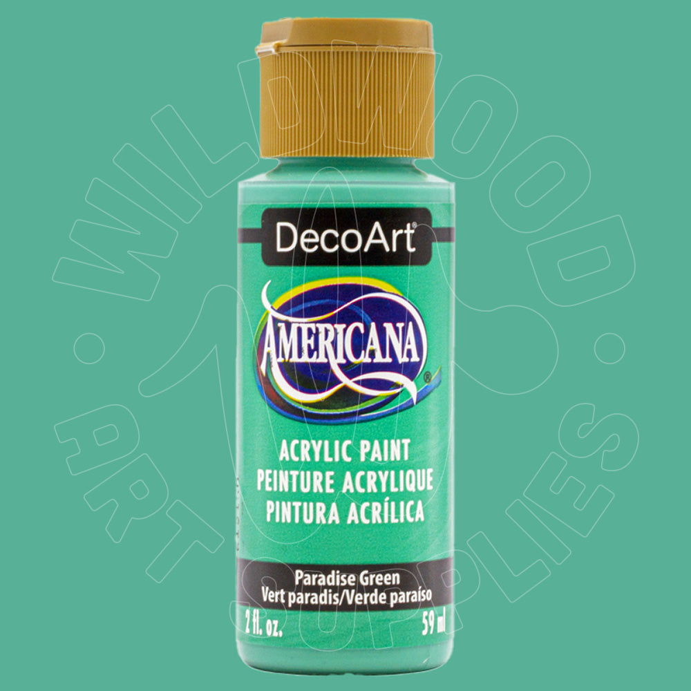 A bottle of DecoArt Americana acrylic paint in Paradise Green, featuring a gold cap and a green label, set against a solid teal-green background with a faint watermark.