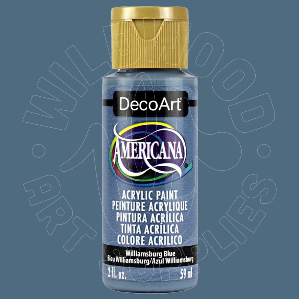 A bottle of DecoArt Americana acrylic paint in the color Williamsburg Blue, featuring a gold cap and a blue-gray bottle, set against a solid blue-gray background with a faint watermark.