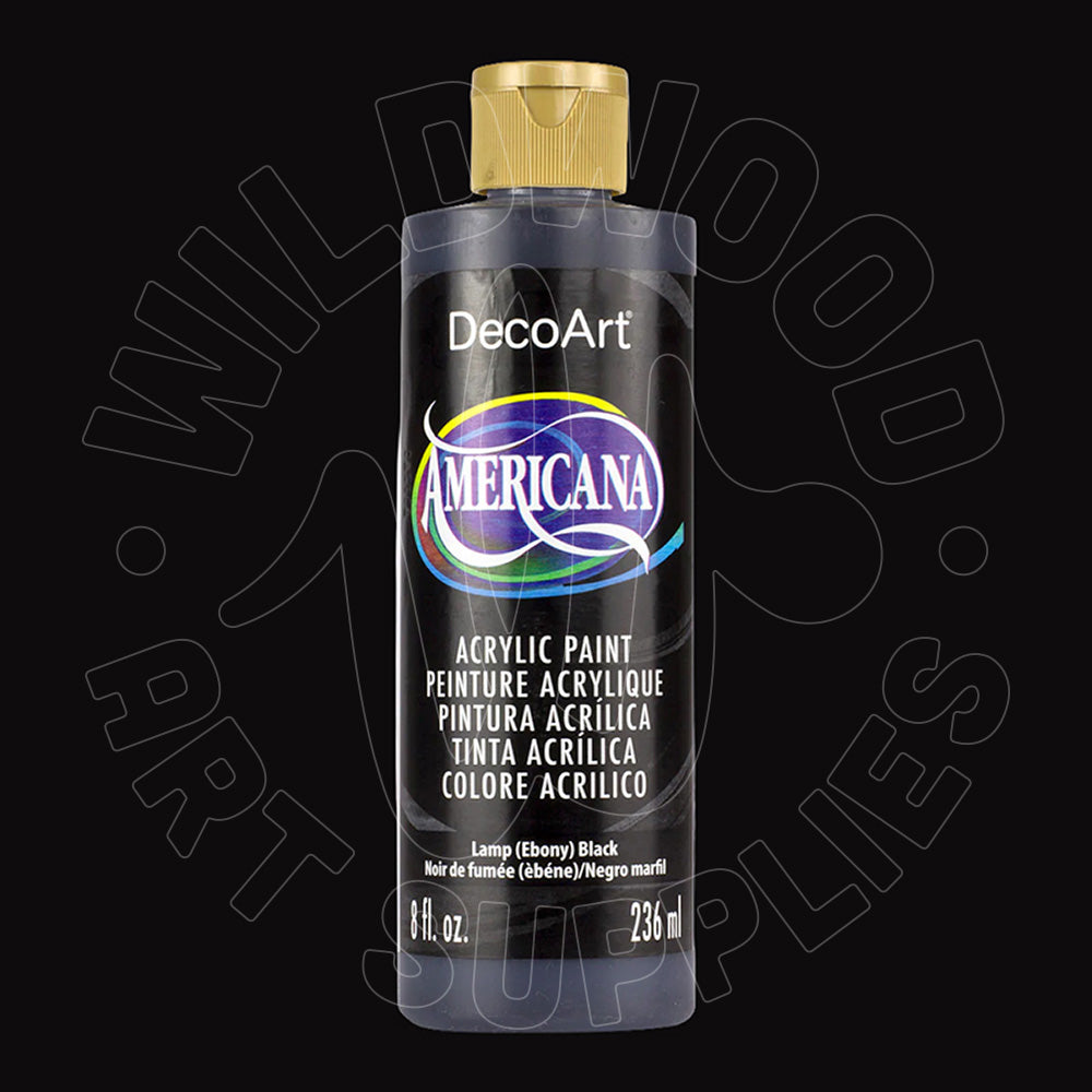 A bottle of DecoArt Americana acrylic paint in the color Ebony (Black), featuring a gold cap and a black label with white text, set against a black background with a faint watermark.
