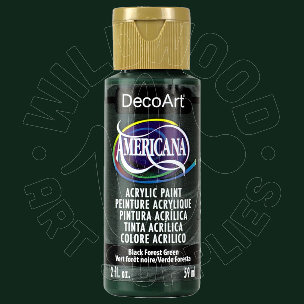 A bottle of DecoArt Americana acrylic paint in Black Forest Green, featuring a gold cap and a black label with white text, set against a dark green background with a faint watermark.
