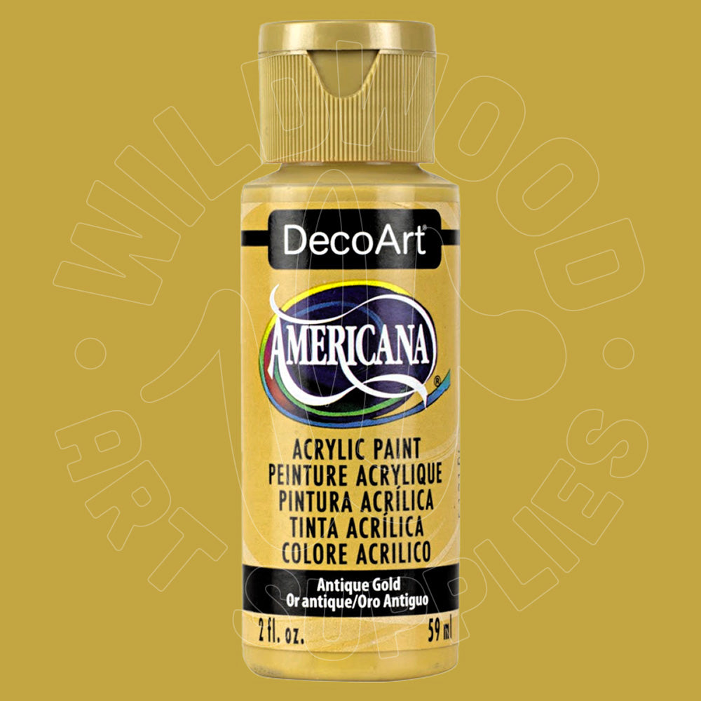A bottle of DecoArt Americana acrylic paint in the color Antique Gold, shown against a matching gold background.