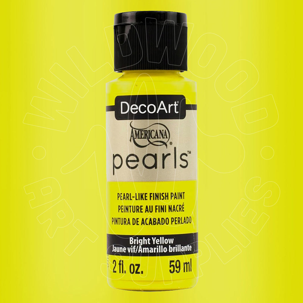 A bottle of DecoArt Americana Pearls Bright Yellow pearl-like finish paint, 2 fl. oz.