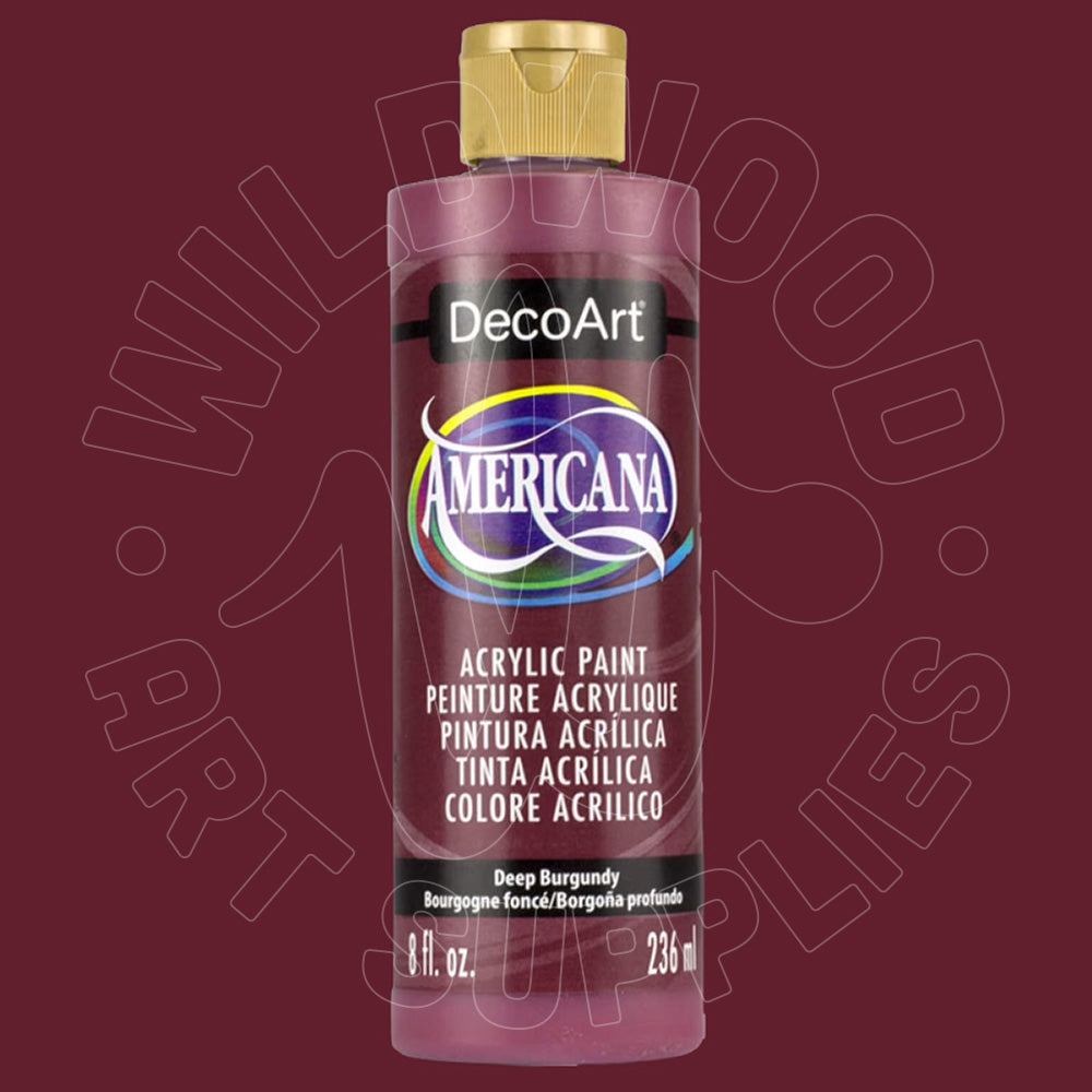 A bottle of DecoArt Americana acrylic paint in the color Deep Burgundy, featuring a gold cap and a black label with white text, set against a solid dark burgundy background with a faint watermark.