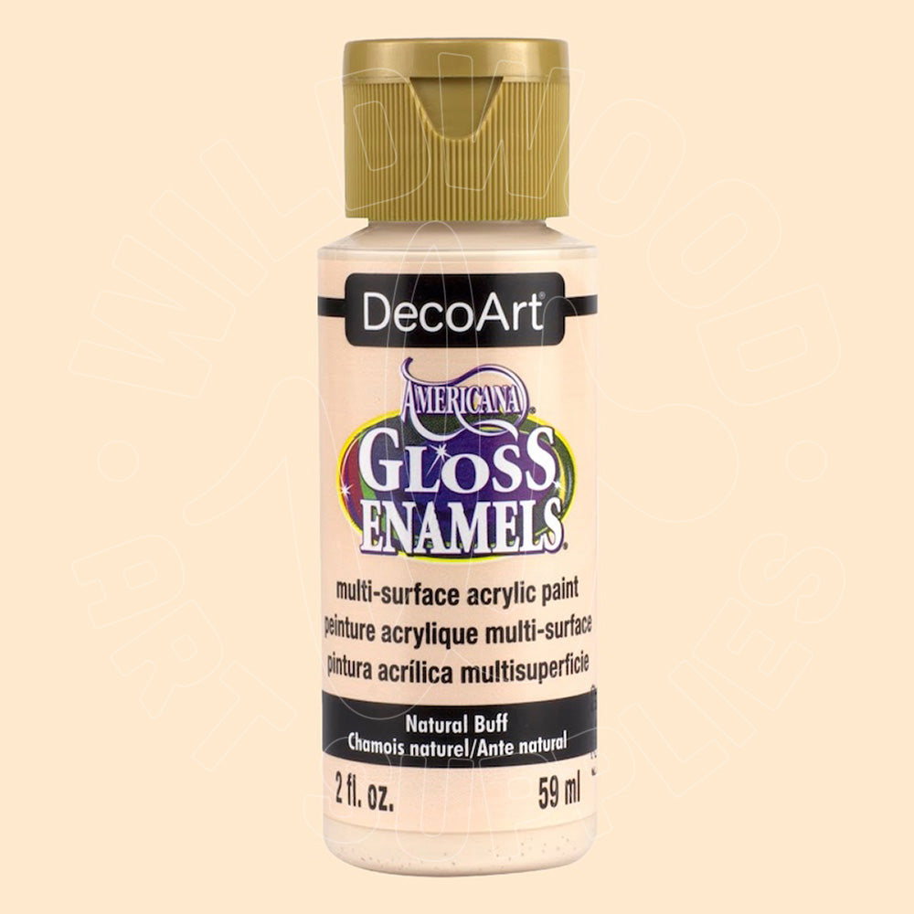 A bottle of DecoArt American Crafts Gloss Enamel paint in the shade Natural Buff, featuring a gold cap and a cream-colored label.