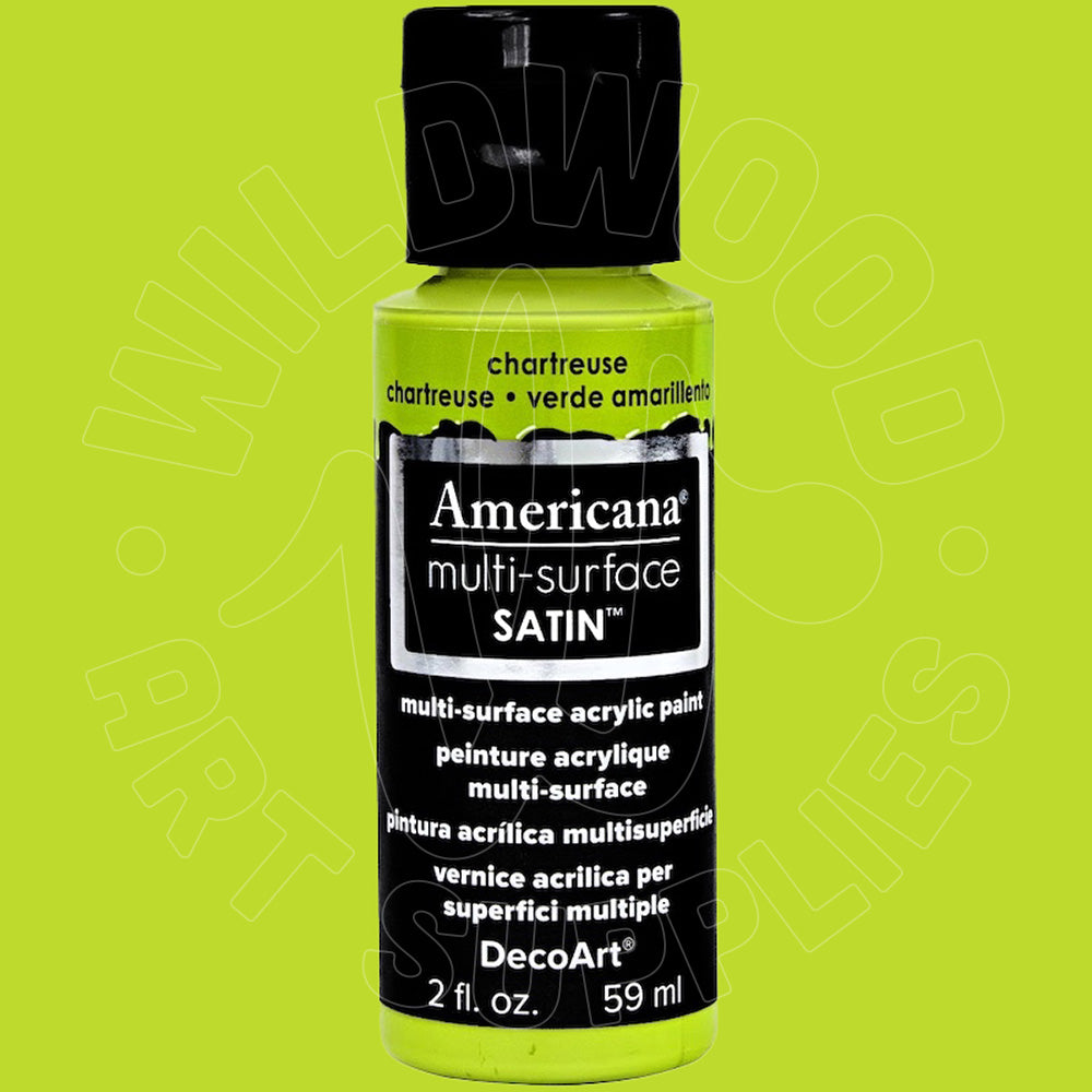 A bottle of Americana DecoArt multi-surface satin acrylic paint in chartreuse green, featuring a black cap and black label with white text, set against a solid lime green background.