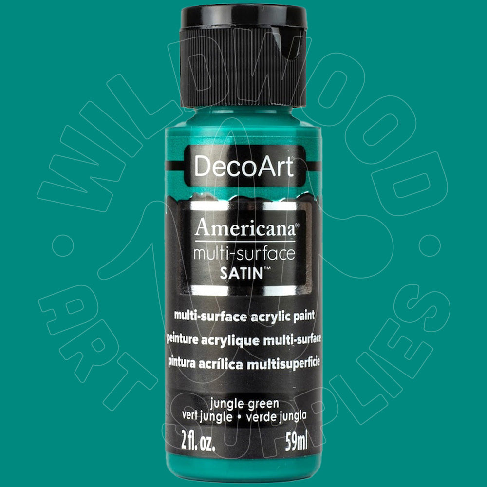 A bottle of DecoArt Americana multi-surface SATIN acrylic paint in the shade Jungle Green, shown against a solid teal-green background with a faint watermark.