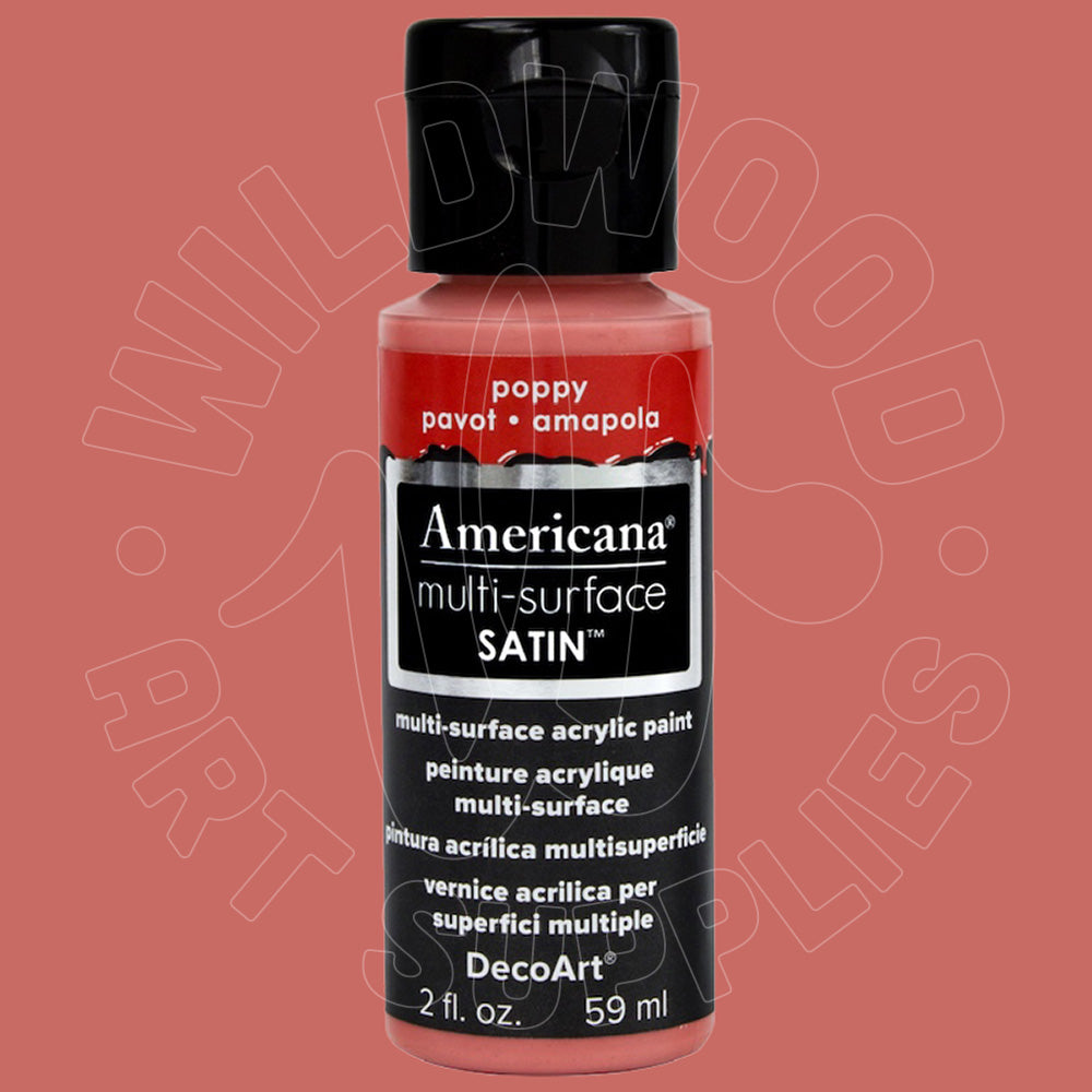 A bottle of DecoArt Americana multi-surface satin acrylic paint in the shade 'poppy' (pavot • amapola), featuring a black cap and a black label with red accents, set against a solid dusty rose background.
