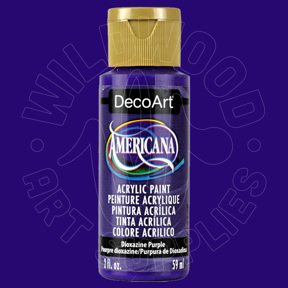 A bottle of DecoArt Americana acrylic paint in the color Diocazine Purple, featuring a gold cap and a black label with white text, set against a solid purple background with a faint watermark.