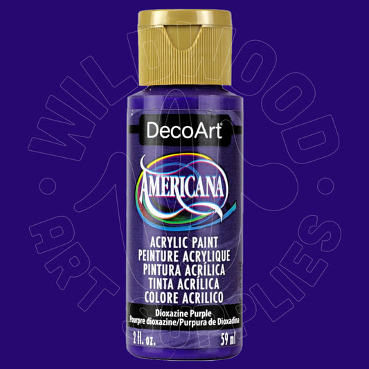 A bottle of DecoArt Americana acrylic paint in the color Diocazine Purple, featuring a gold cap and a black label with white text, set against a solid purple background with a faint watermark.