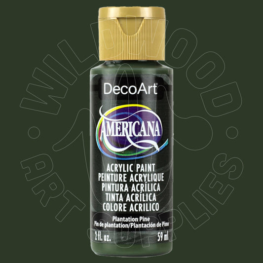 A bottle of DecoArt Americana acrylic paint in the color Plantation Fine, featuring a black label and a metallic gold cap, set against a dark green background with a faint watermark.