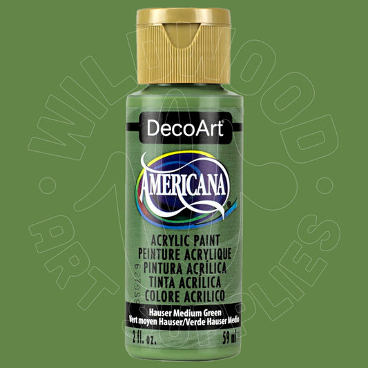 A bottle of DecoArt Americana acrylic paint in Hauser Medium Green, featuring a gold cap and a green label, set against a solid green background with a faint watermark.