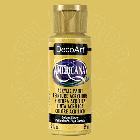A bottle of DecoArt Americana acrylic paint in the color Golden Straw, featuring a gold cap and a yellow label with black and blue branding, set against a solid yellow background.