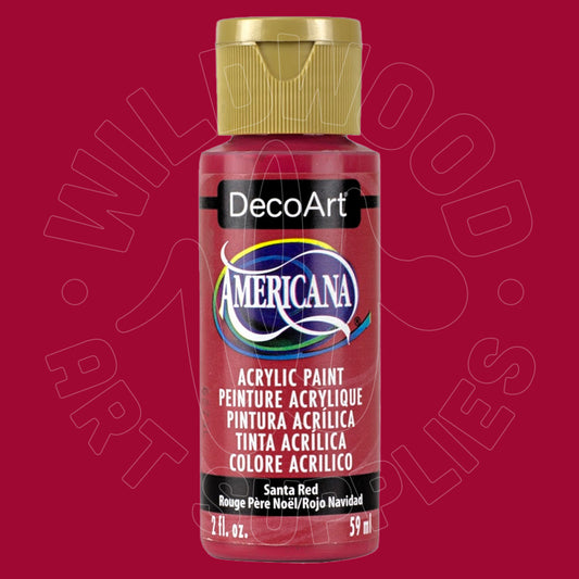 A bottle of DecoArt Americana acrylic paint in Santa Red, featuring a gold cap and a red label, set against a solid red background with a faint watermark.