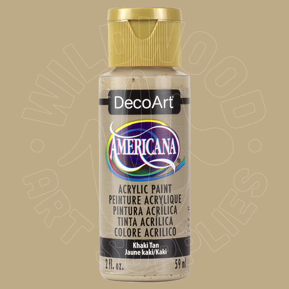 A bottle of DecoArt Americana acrylic paint in Khaki Tan, featuring a gold cap and a beige label on a solid beige background.