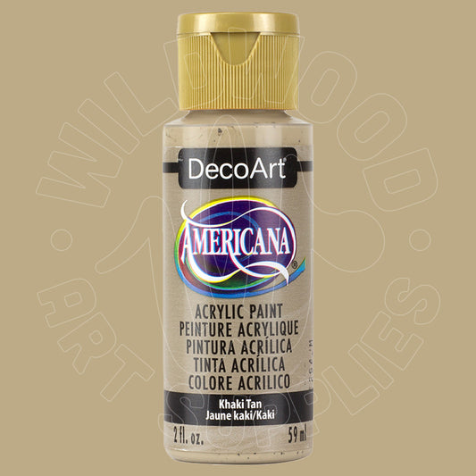 A bottle of DecoArt Americana acrylic paint in Khaki Tan, featuring a gold cap and a beige label on a solid beige background.