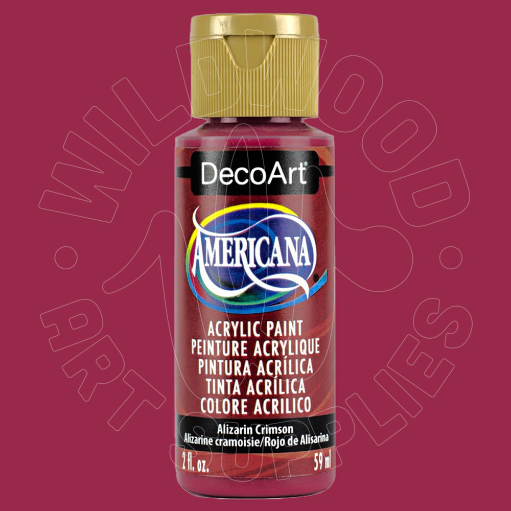 A bottle of DecoArt Americana acrylic paint in Alizarin Crimson, featuring a gold cap and a red label, set against a solid dark red background with a faint watermark.