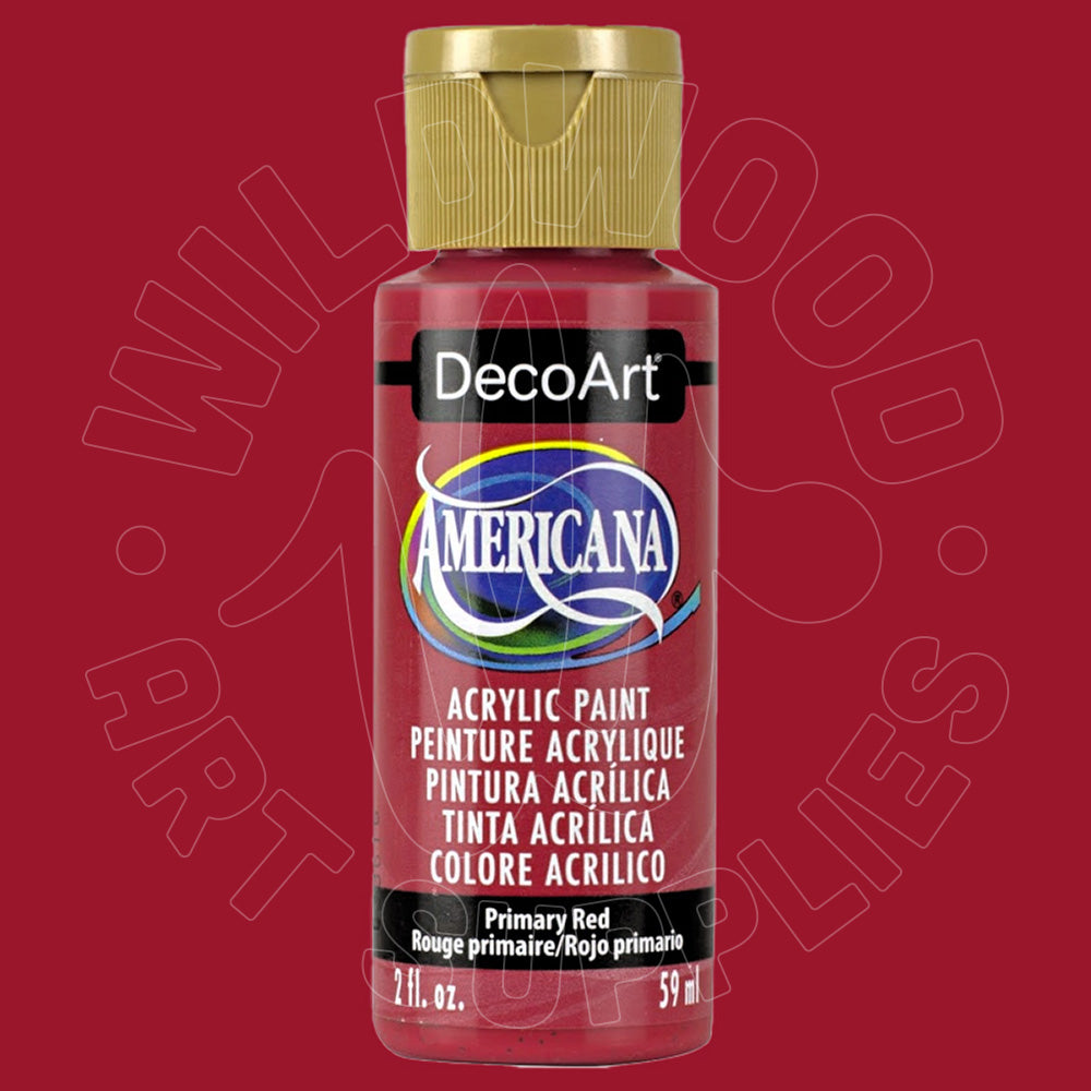 A bottle of DecoArt Americana acrylic paint in Primary Red, featuring a gold cap and a red label, set against a solid red background with a faint watermark.