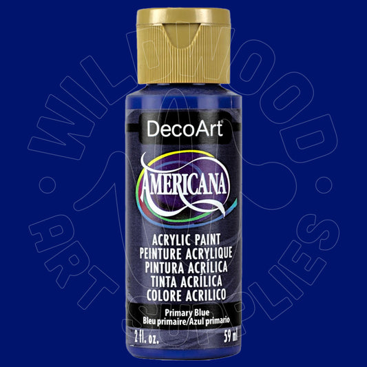 A bottle of DecoArt Americana Primary Blue acrylic paint with a gold cap, centered against a dark blue background with a faint watermark.