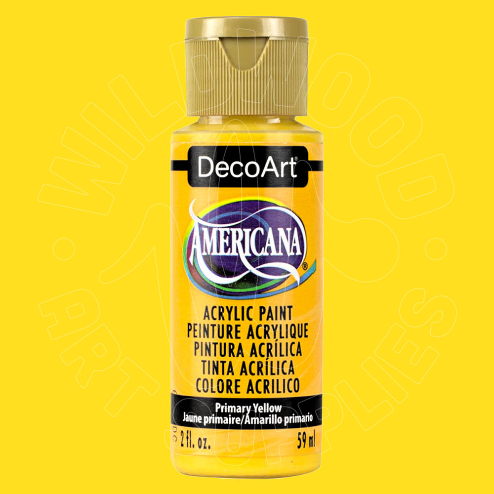 A bottle of DecoArt Americana acrylic paint in Primary Yellow, featuring a gold cap and a yellow label, set against a solid bright yellow background.