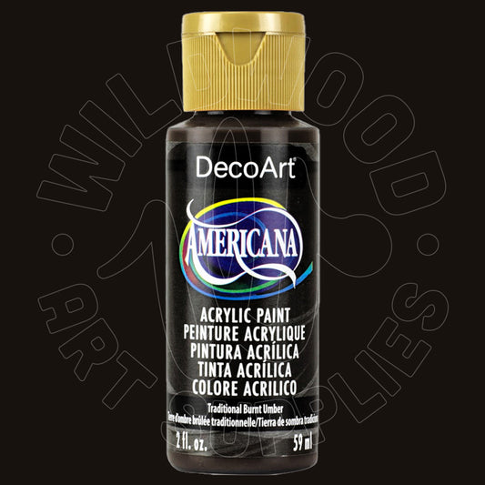 A bottle of DecoArt Americana acrylic paint in 'Traditional Barnum Umbro' color, featuring a black body and a metallic gold cap, set against a dark background with a faint watermark.