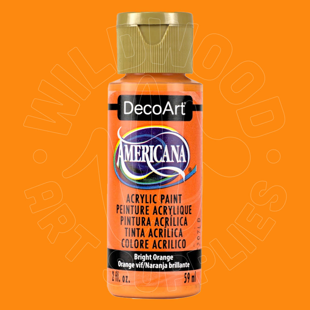 A bottle of DecoArt Americana Bright Orange acrylic paint with a gold cap, centered against a solid orange background.
