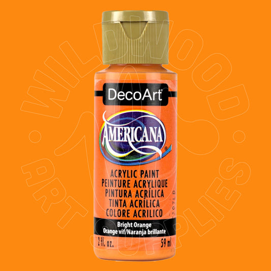 A bottle of DecoArt Americana Bright Orange acrylic paint with a gold cap, centered against a solid orange background.