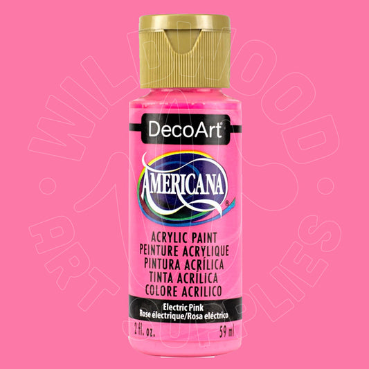A bottle of DecoArt Americana Electric Pink acrylic paint with a gold cap, shown against a solid pink background.