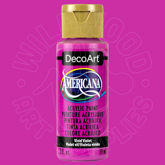 A bottle of DecoArt Americana acrylic paint in the shade Vivid Violet, featuring a gold cap and a bright pink label, set against a solid magenta background.