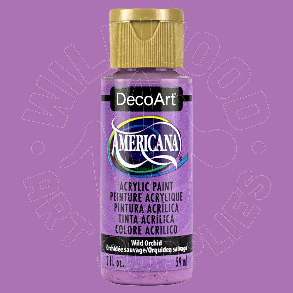 A bottle of DecoArt Americana acrylic paint in the shade Wild Orchid, featuring a purple label and a gold cap, set against a solid purple background with a faint watermark.