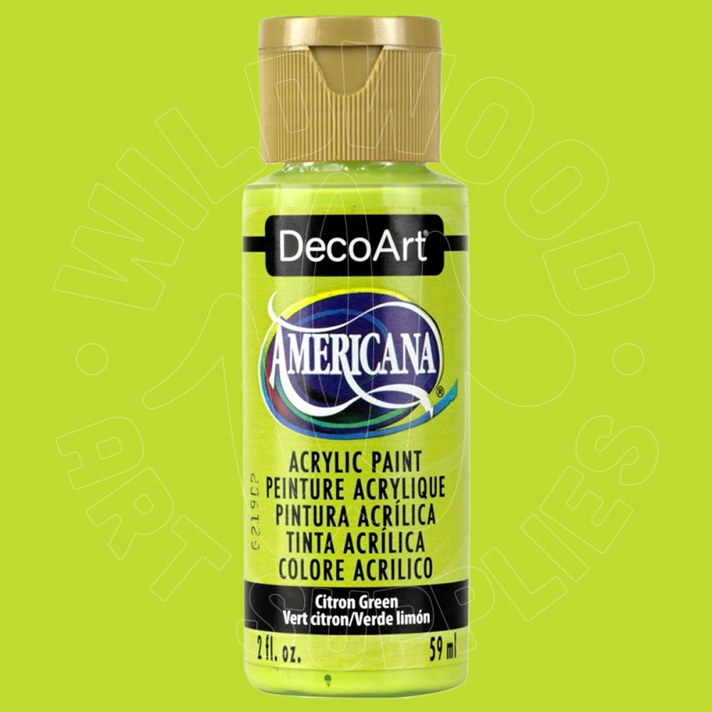 A bottle of DecoArt Americana acrylic paint in the color Citron Green, featuring a gold cap and a black and green label, set against a solid lime green background.