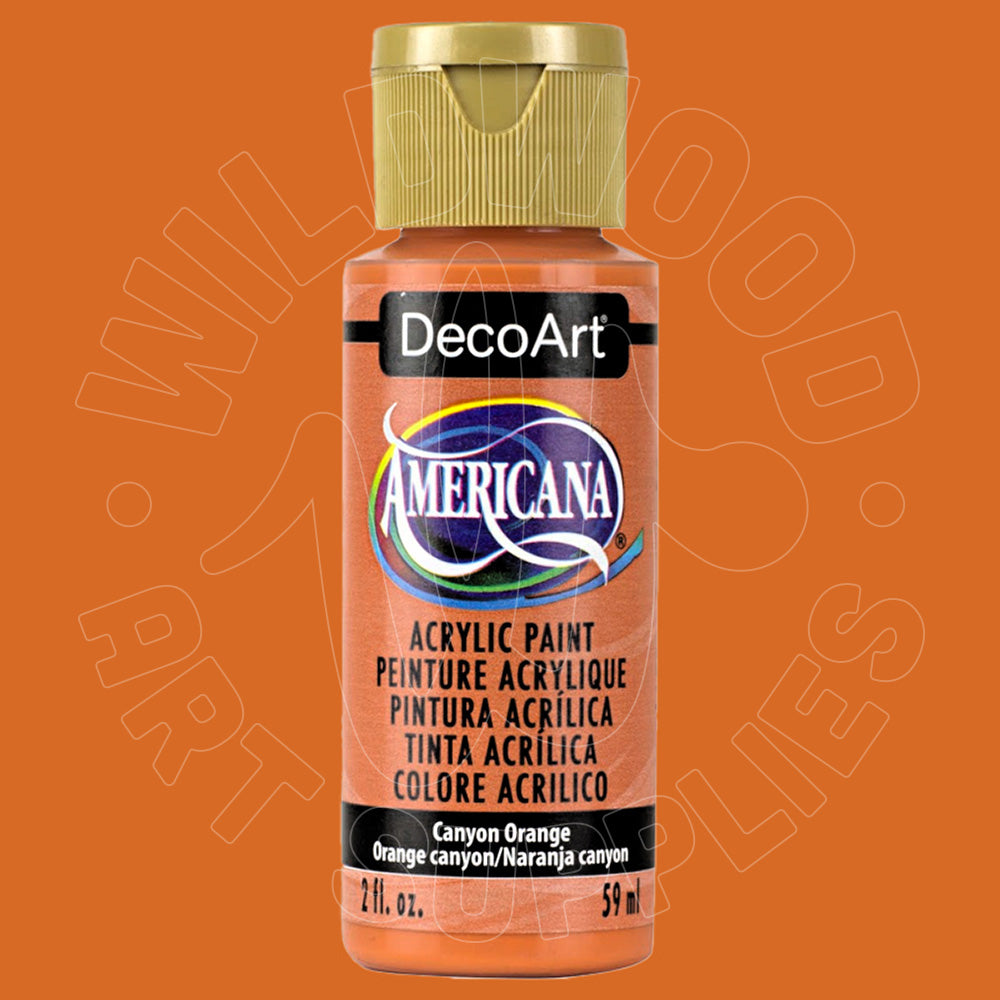 A bottle of DecoArt Americana acrylic paint in the shade Canyon Orange, featuring a gold cap and a black label with white text, set against a solid orange background.