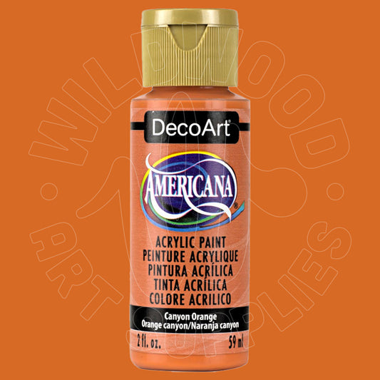 A bottle of DecoArt Americana acrylic paint in the shade Canyon Orange, featuring a gold cap and a black label with white text, set against a solid orange background.