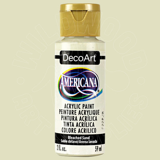 A bottle of DecoArt Americana acrylic paint in the color Bleached Sand, featuring a white label with a gold cap, set against a light beige background.