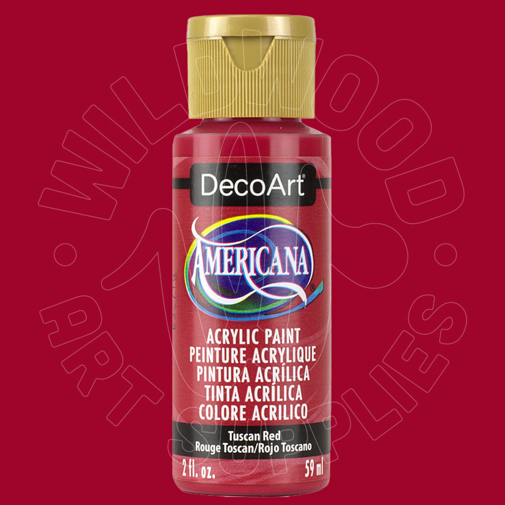 A bottle of DecoArt Americana Acrylic Paint in Tuscan Red, featuring a gold cap and a black label with the brand logo, set against a solid red background with a faint watermark.