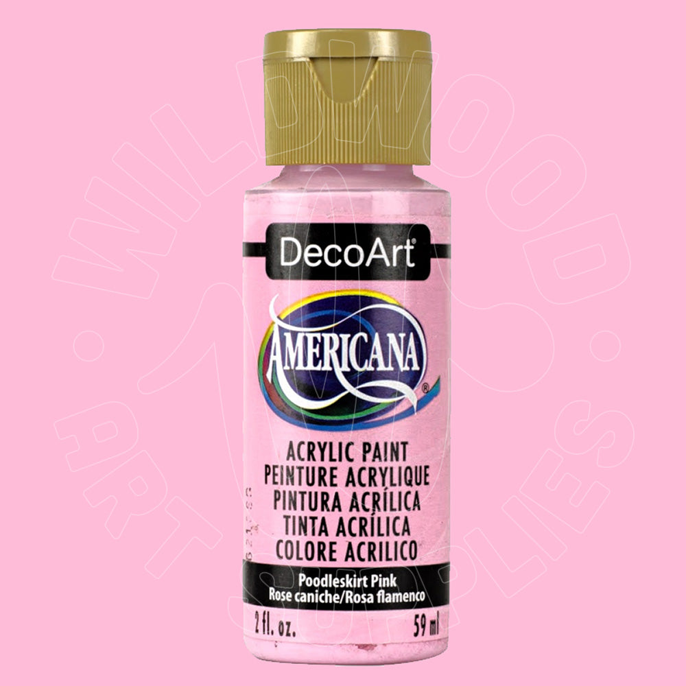 A bottle of DecoArt Americana acrylic paint in the color 'Powdery Pink' (Rosa caniche/Rosa flamenco), featuring a gold cap and a pink label, set against a solid pink background.