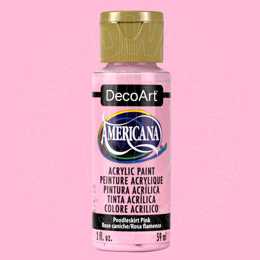A bottle of DecoArt Americana acrylic paint in the color 'Powdery Pink' (Rosa caniche/Rosa flamenco), featuring a gold cap and a pink label, set against a solid pink background.