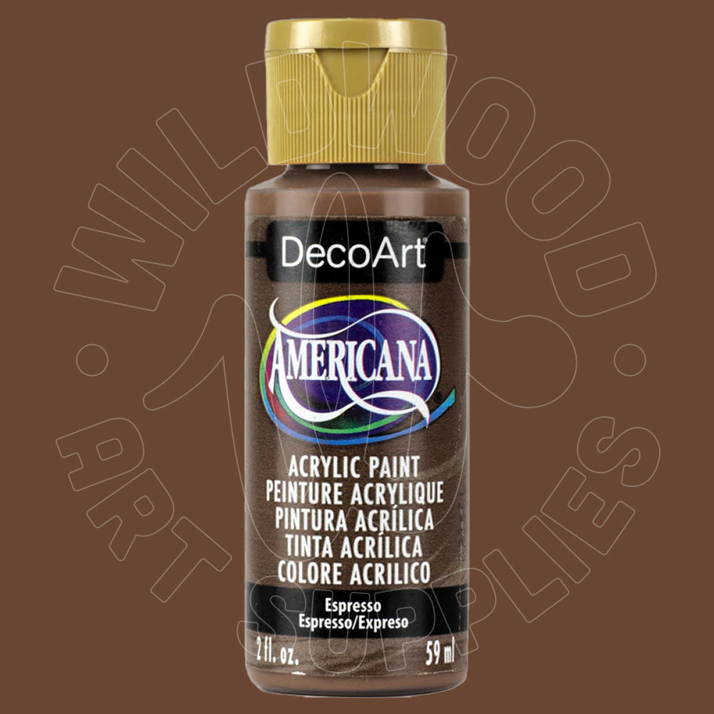 A bottle of DecoArt Americana acrylic paint in Espresso, featuring a gold cap and a black label with a blue and white logo, set against a solid brown background.