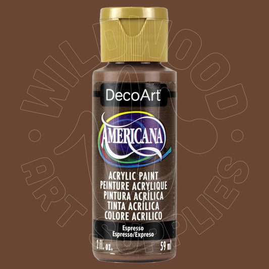 A bottle of DecoArt Americana acrylic paint in Espresso, featuring a gold cap and a black label with a blue and white logo, set against a solid brown background.