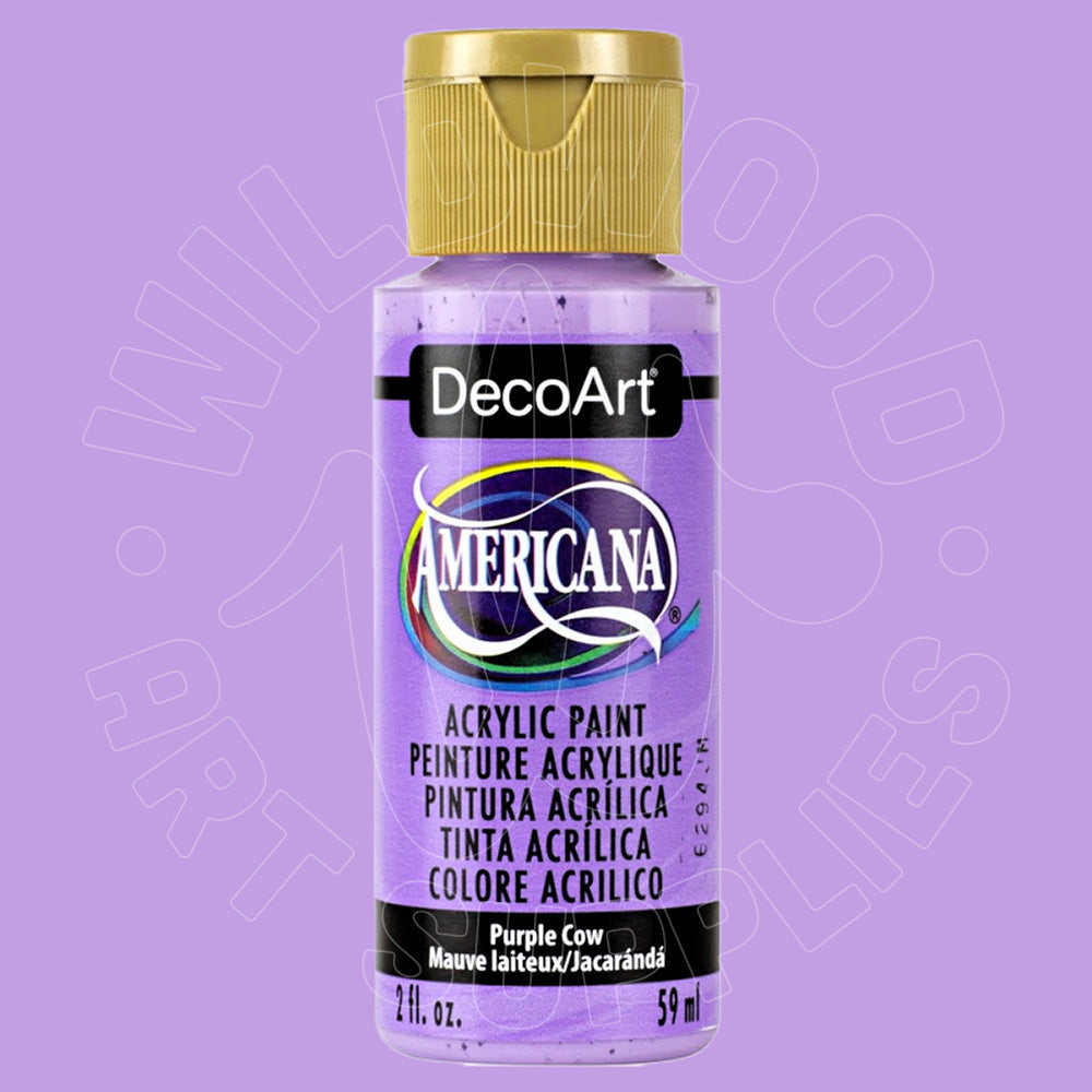 A bottle of DecoArt Americana acrylic paint in the shade Purple Cow, featuring a gold cap and a purple label, set against a solid light purple background.