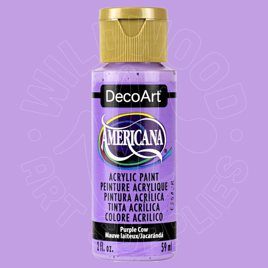 A bottle of DecoArt Americana acrylic paint in the shade Purple Cow, featuring a gold cap and a purple label, set against a solid light purple background.