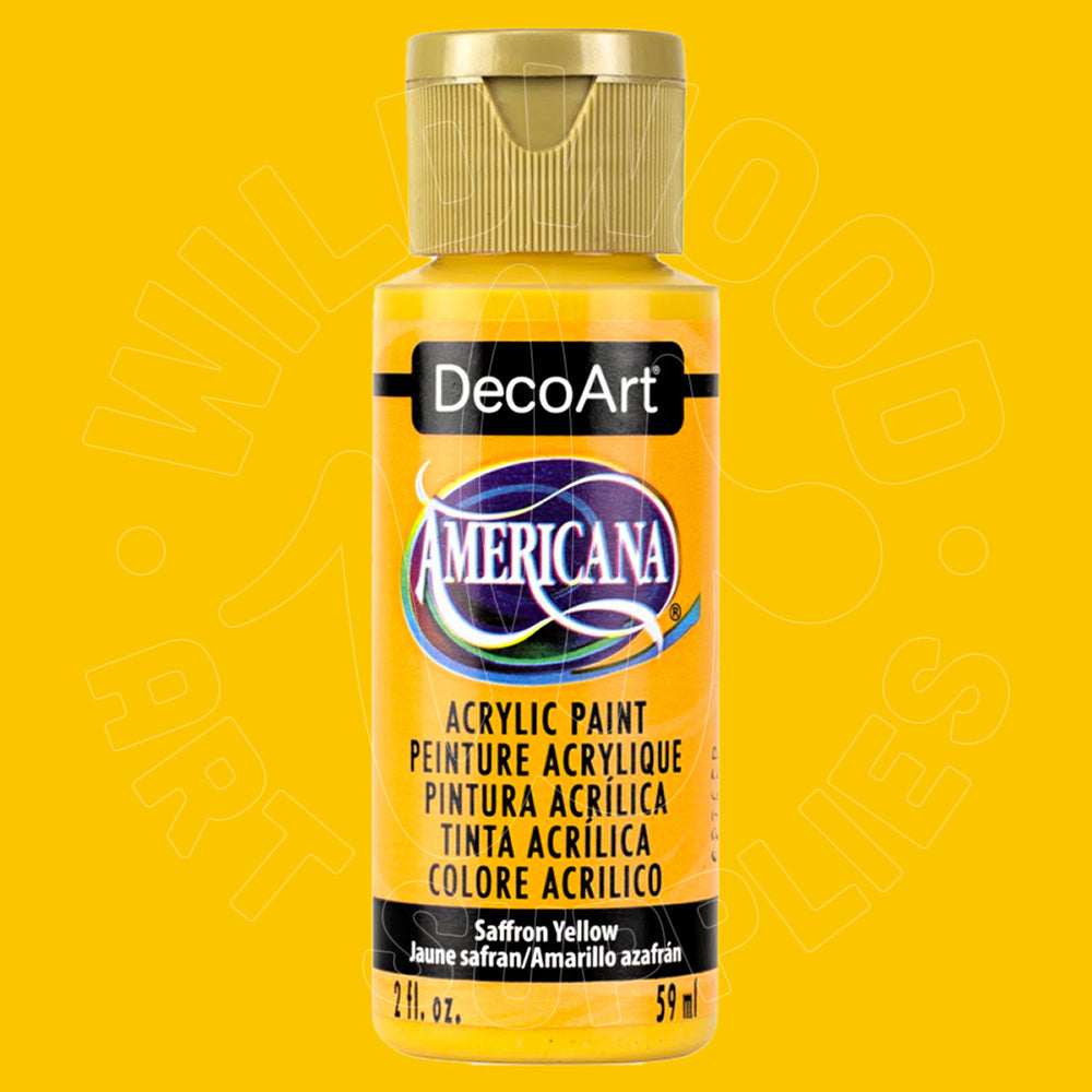 A bottle of DecoArt Americana acrylic paint in the shade Safron Yellow, shown against a solid yellow background.