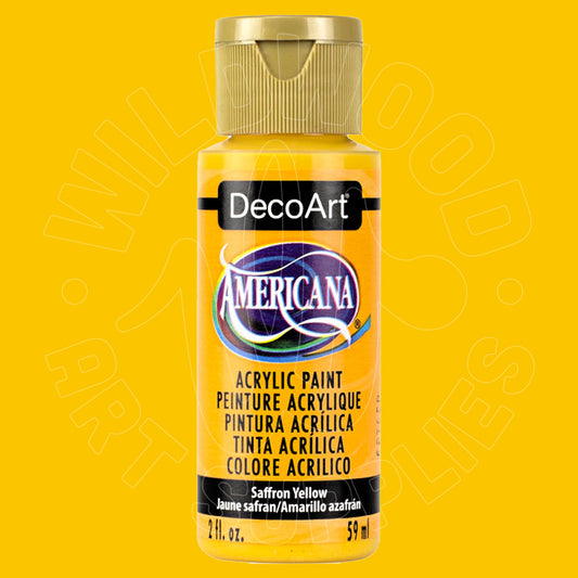 A bottle of DecoArt Americana acrylic paint in the shade Safron Yellow, shown against a solid yellow background.