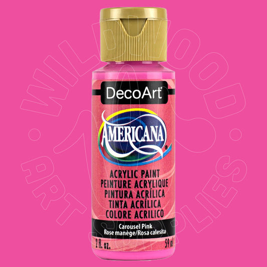 A bottle of DecoArt Americana acrylic paint in the shade Carousel Pink, featuring a gold cap and a pink label, set against a solid pink background with a faint watermark.